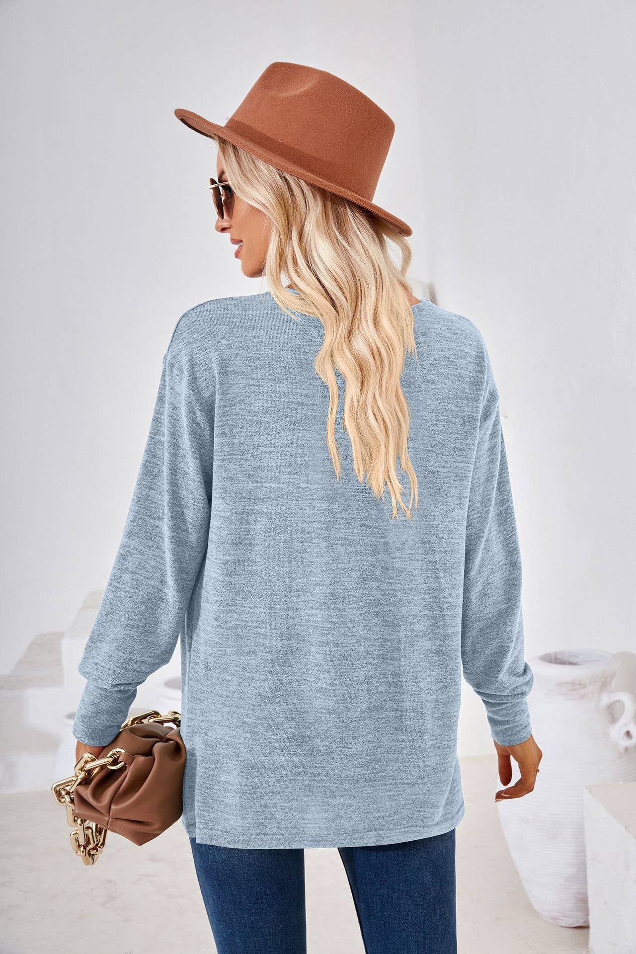 V-neck solid color patchwork long sleeve top