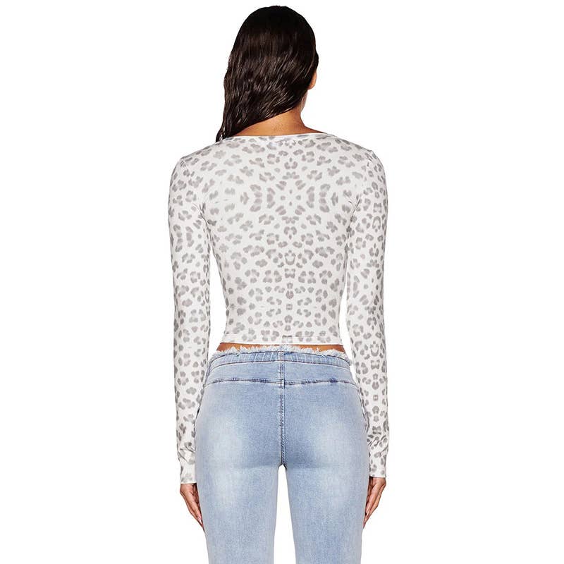 Leopard print lace fake two square collar top