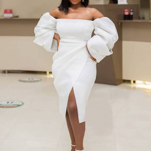 TEMPERAMENT SOLID COLOR OFFSHOULDER PLUSSIZE DRESS