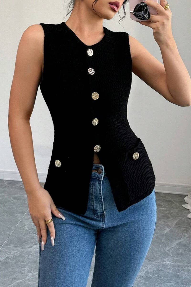 CWOCASL0045_SOLID COLOR SLEEVELESS BUTTON VEST CARDIGAN