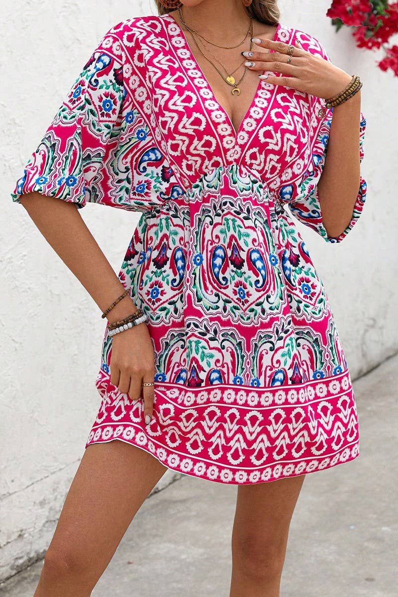CWDSD7863_BOHEMIAN V-NECK PRINTED SHORT SLEEVE DRESS