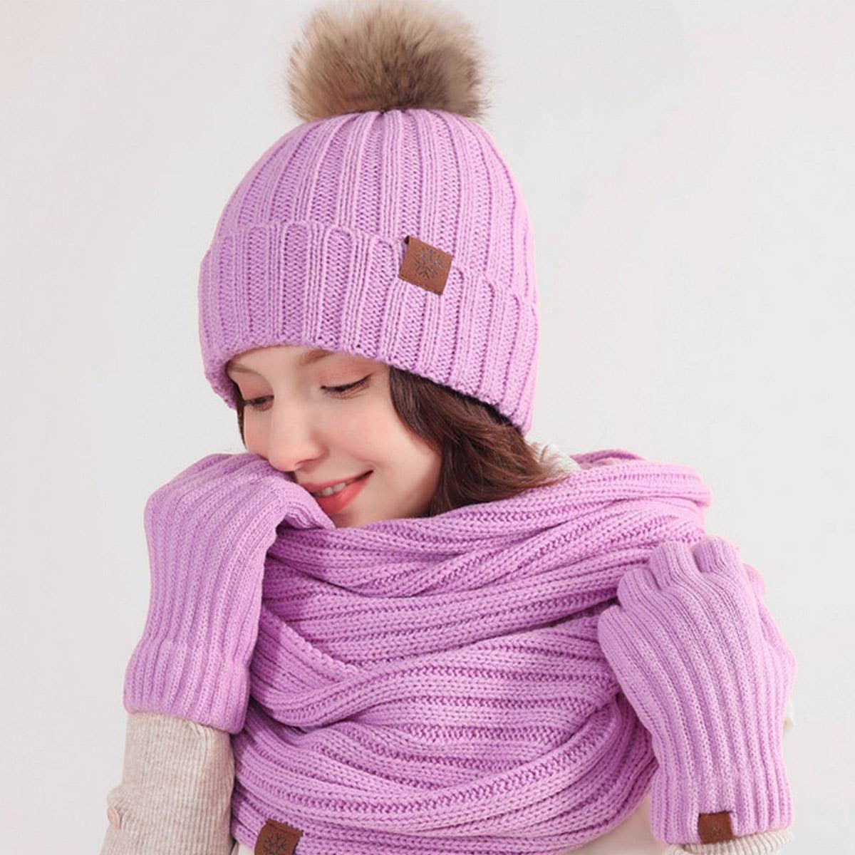 WINTER ADULT OUTDOOR WARM KNITTED SCARF SUIT WOMEN