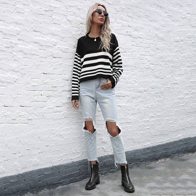 KNIT STRIPED CREW NECK SWEATER BASE