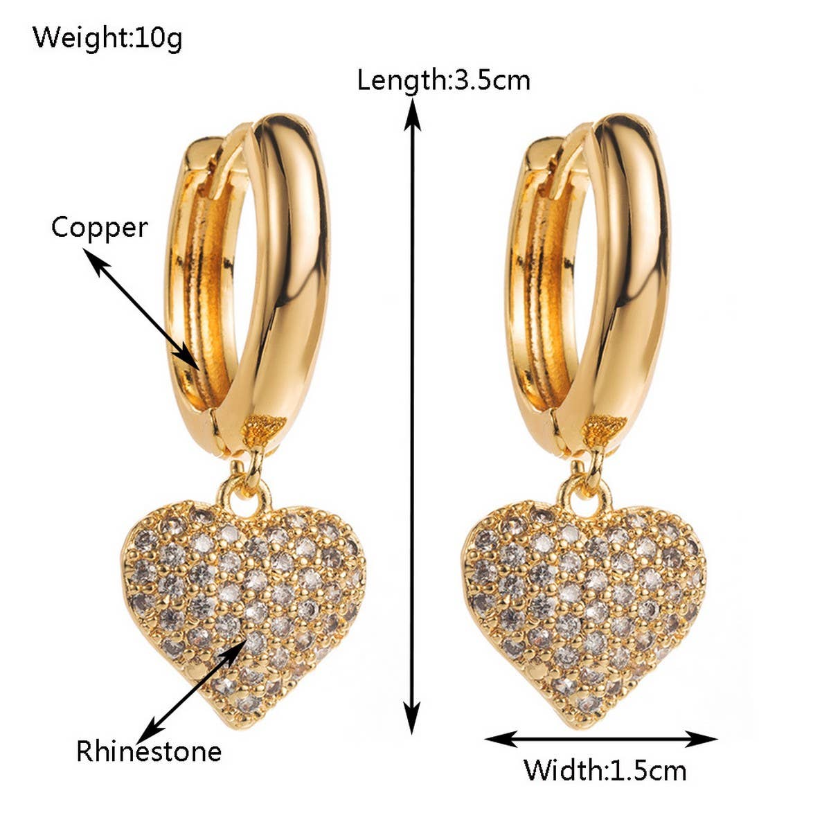 Heart-Shaped Zircon Hoop Earrings with Color Gems