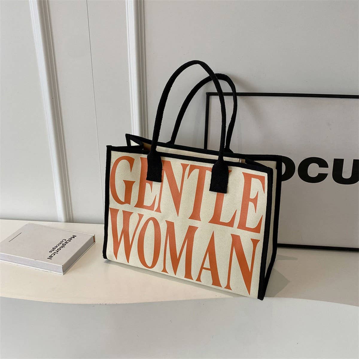 VINTAGE LETTER PRINT TOTE CANVAS BAG_CWAB2681