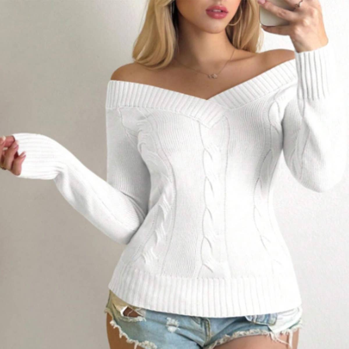 SOLID COLOR V-NECK CASUAL TWIST PULLOVER SWEATER