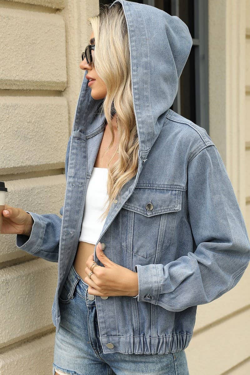 CWJT00080_WASHED LOOSE CASUAL HOODED DENIM JACKET TOP