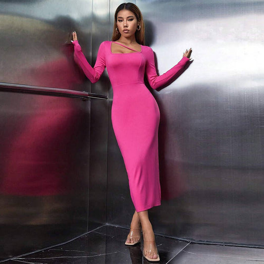 SOLID COLOR SQUARE NECK WRAP HIP SHEATH DRESS