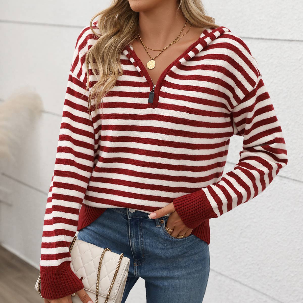 STRIPED V-NECK PULLOVER WITH ZIPPER HOODIE