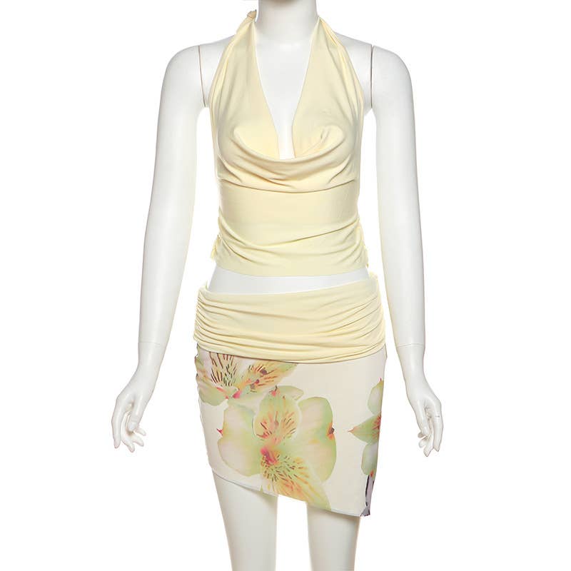 Sexy Halter Cowl Backless Top and Skirt Set