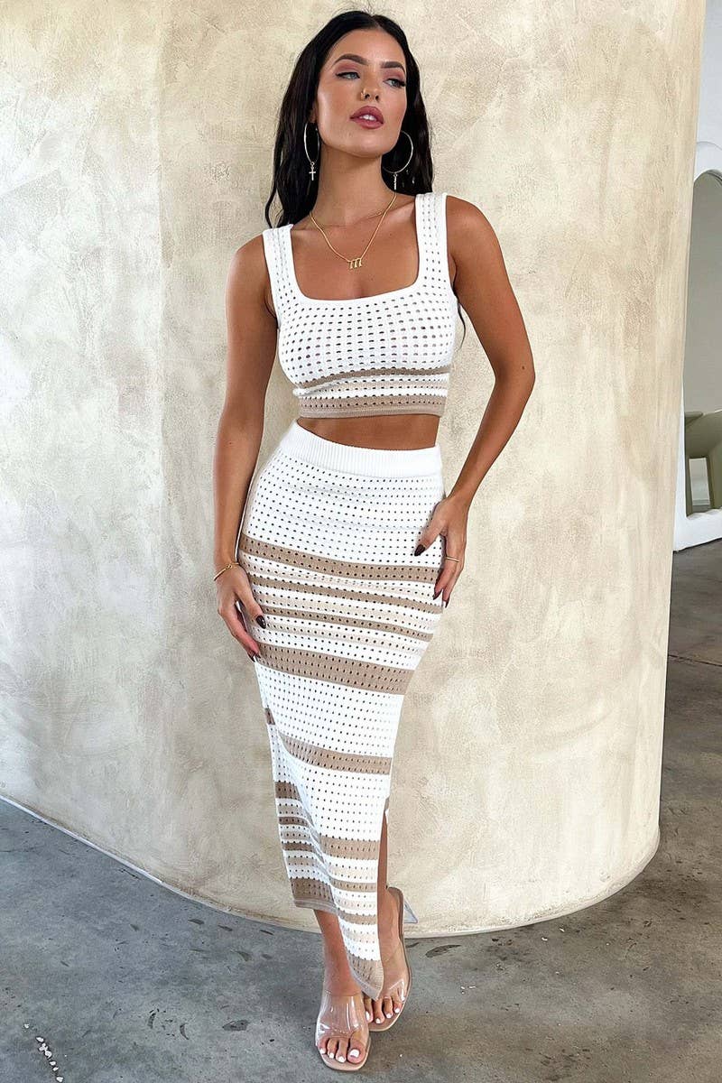 SLEEVELESS TANK TOP SEXY SPLIT STRIPE SKIRT SET_CWSTB0390