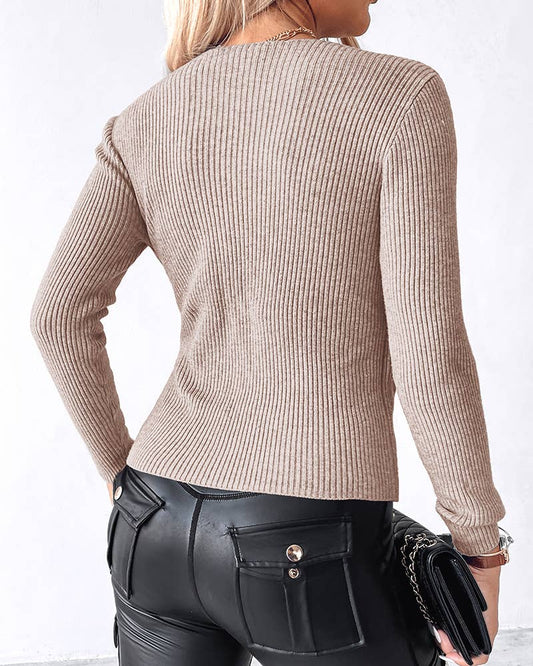LONG SLEEVE V-NECK SIDE BREASTED TIGHT SWEATER