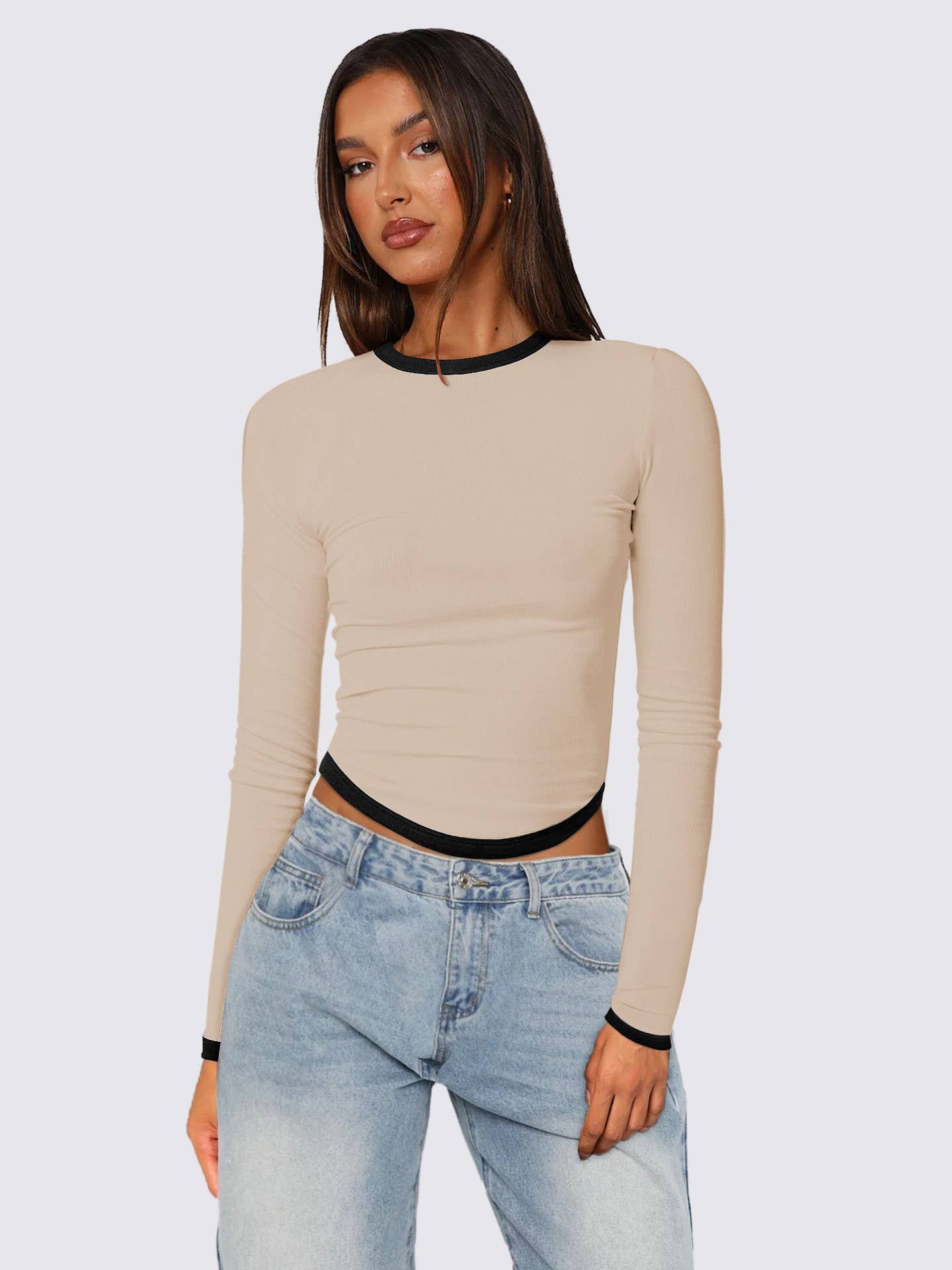 LONG SLEEVE ROUND NECK SLIM-FIT COLOR SHORT TOP