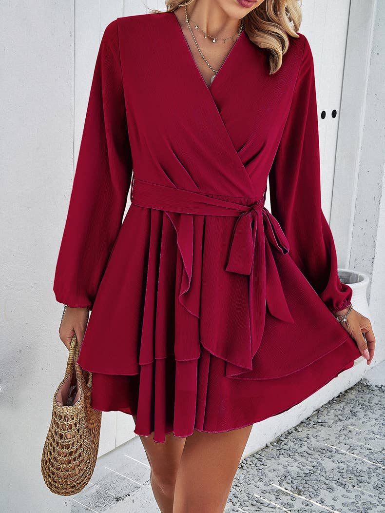 SOLID COLOR TEMPERAMENT LONG-SLEEVED DRESS