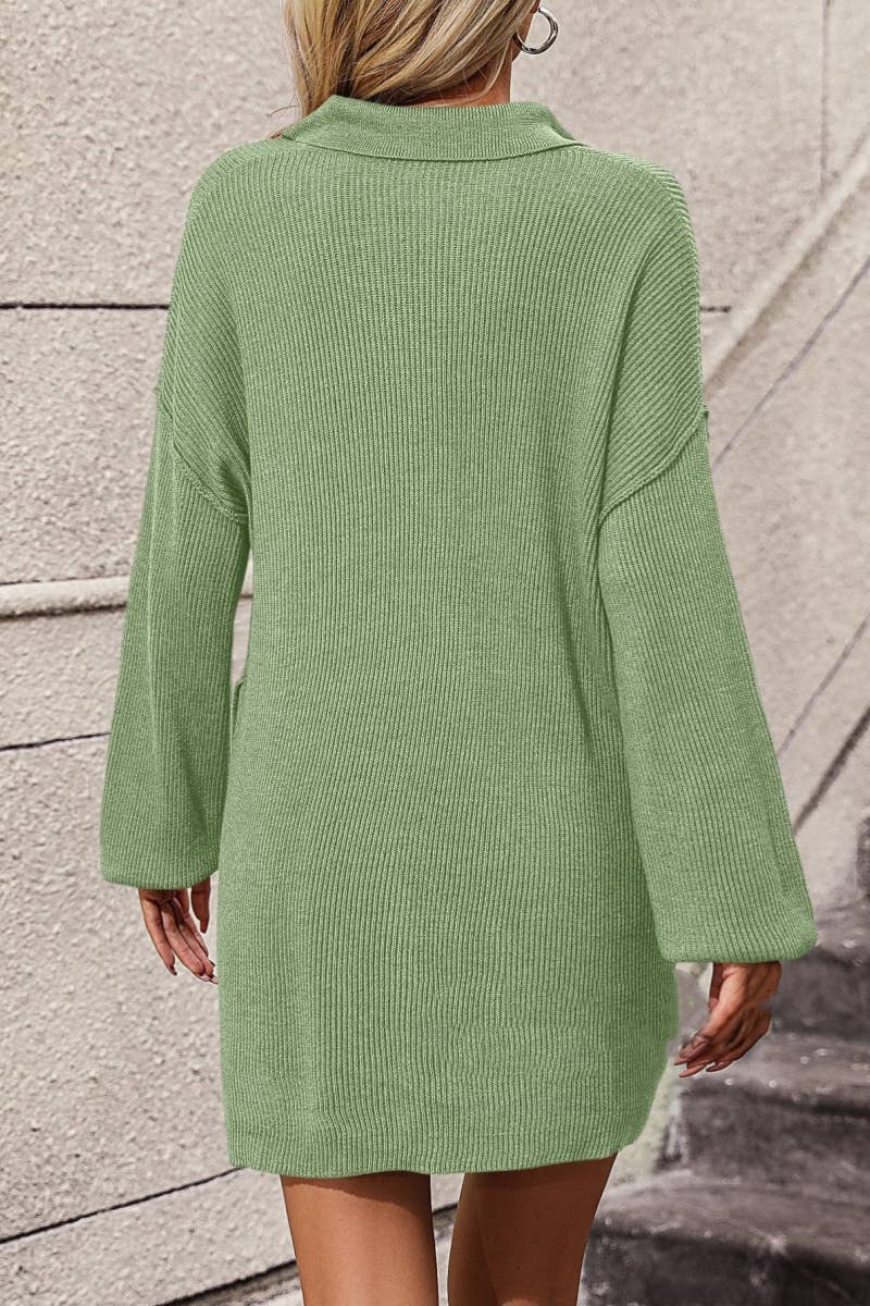 CWDSD6487_LAPEL BUTTON-DOWN LONG-SLEEVED SWEATER DRESS