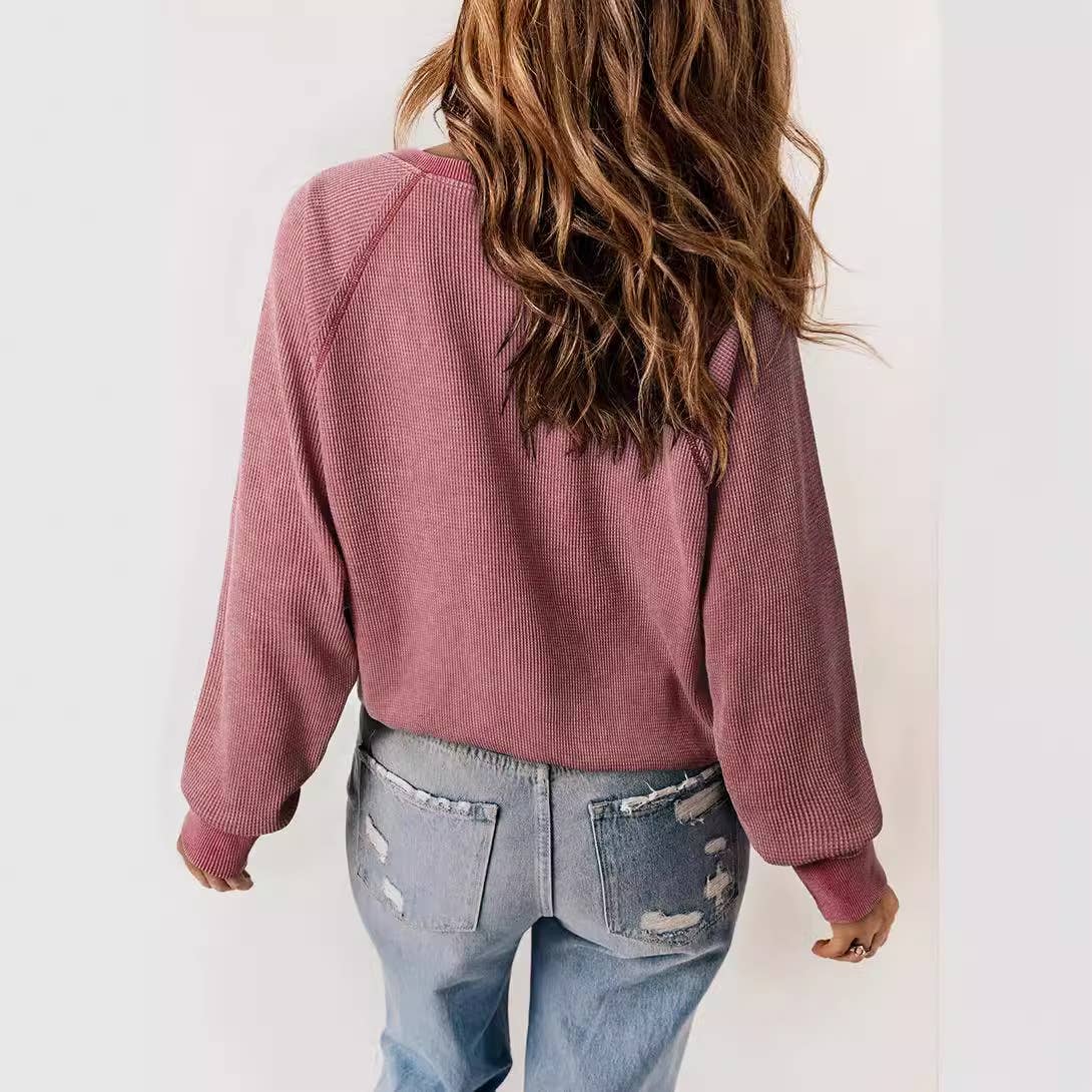 Solid color waffle hoodie with loose button pullover