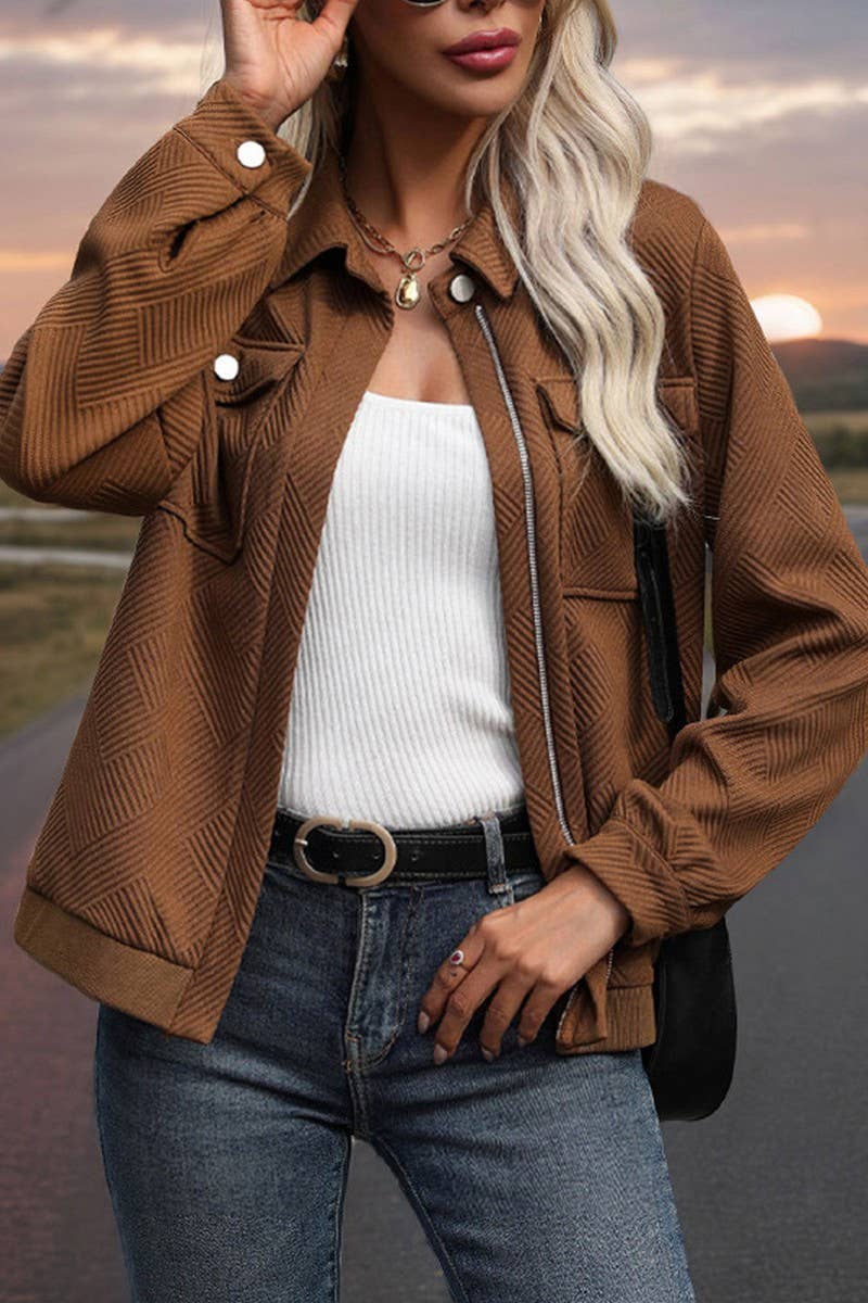 CWOJA1048_SOLID COLOR CASUAL LAPEL POCKET ZIPPER JACKET