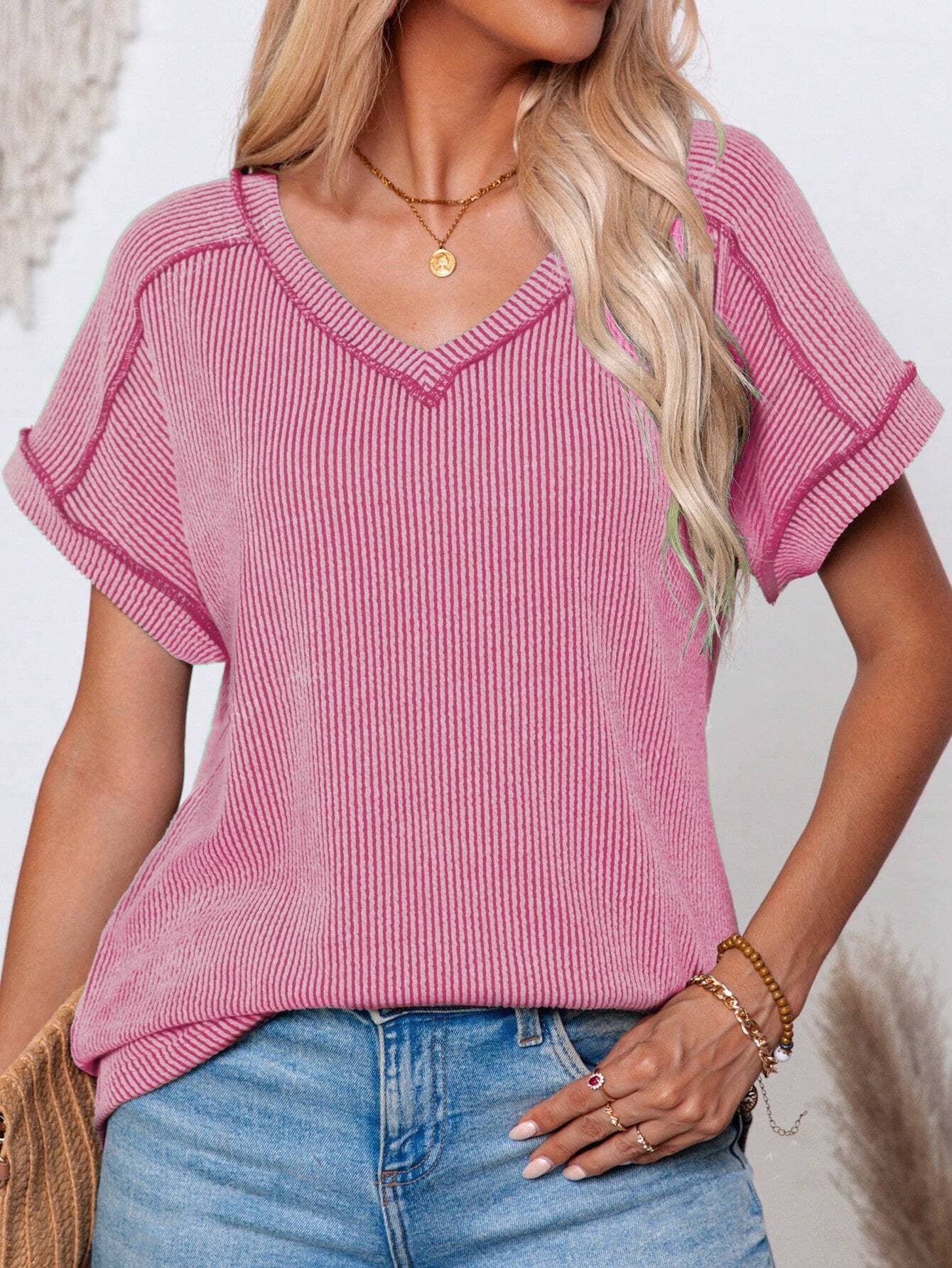 Fashion two-tone twist short sleeve V-neck shirt