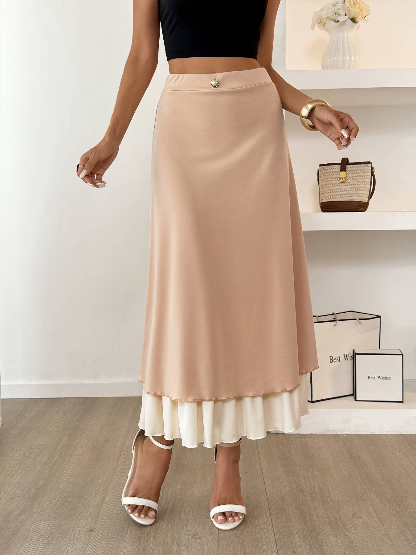 Leisure vacation button cascade long skirt