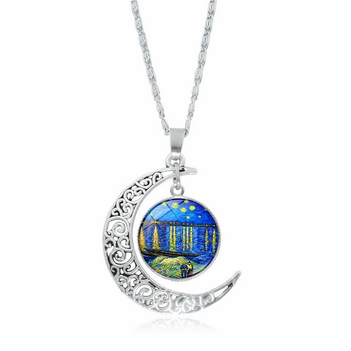HOLLOW OUT MOON GEM PENDANT NECKLACE