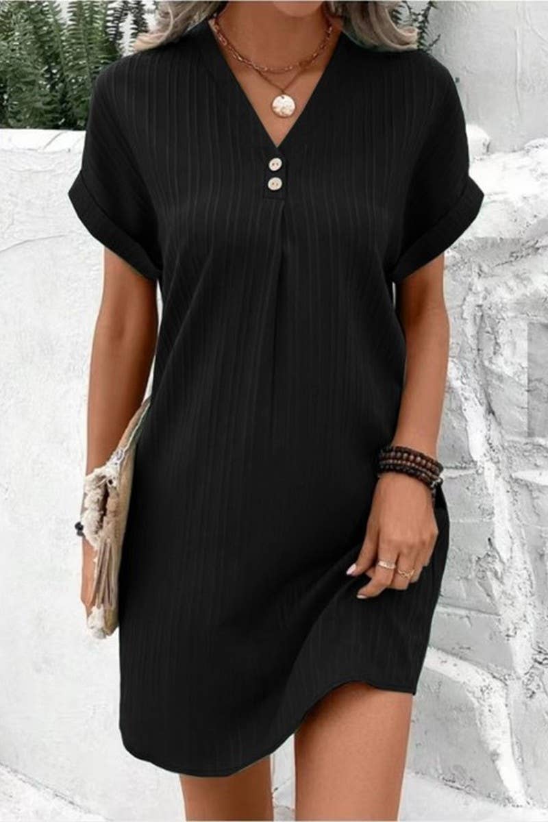 CWDSD6539_V-NECK SOLID COLOR PULLOVER CASUAL BUTTON DRESS