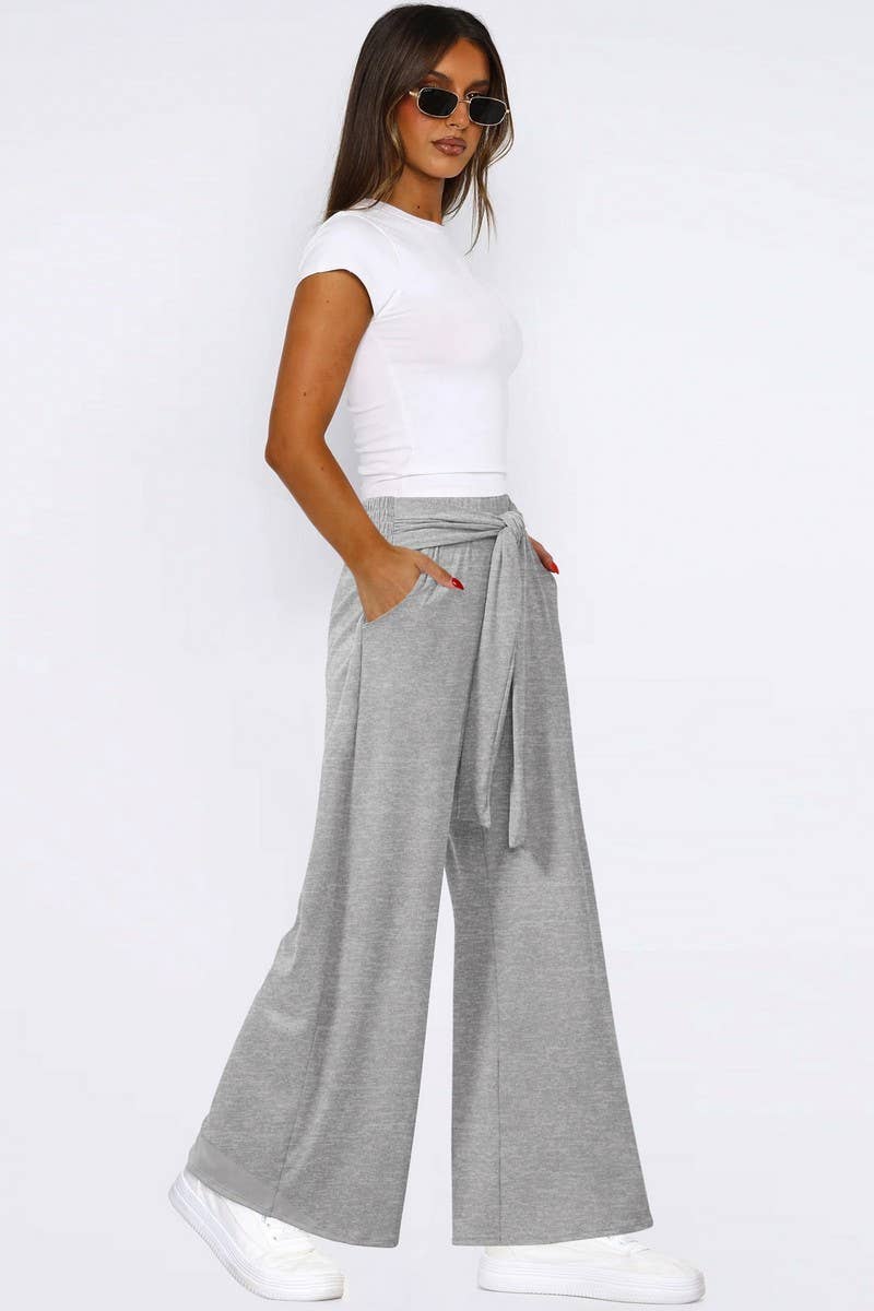 CWBLP1861_SOLID COLOR DRAPE LACE-UP WIDE-LEG PANTS