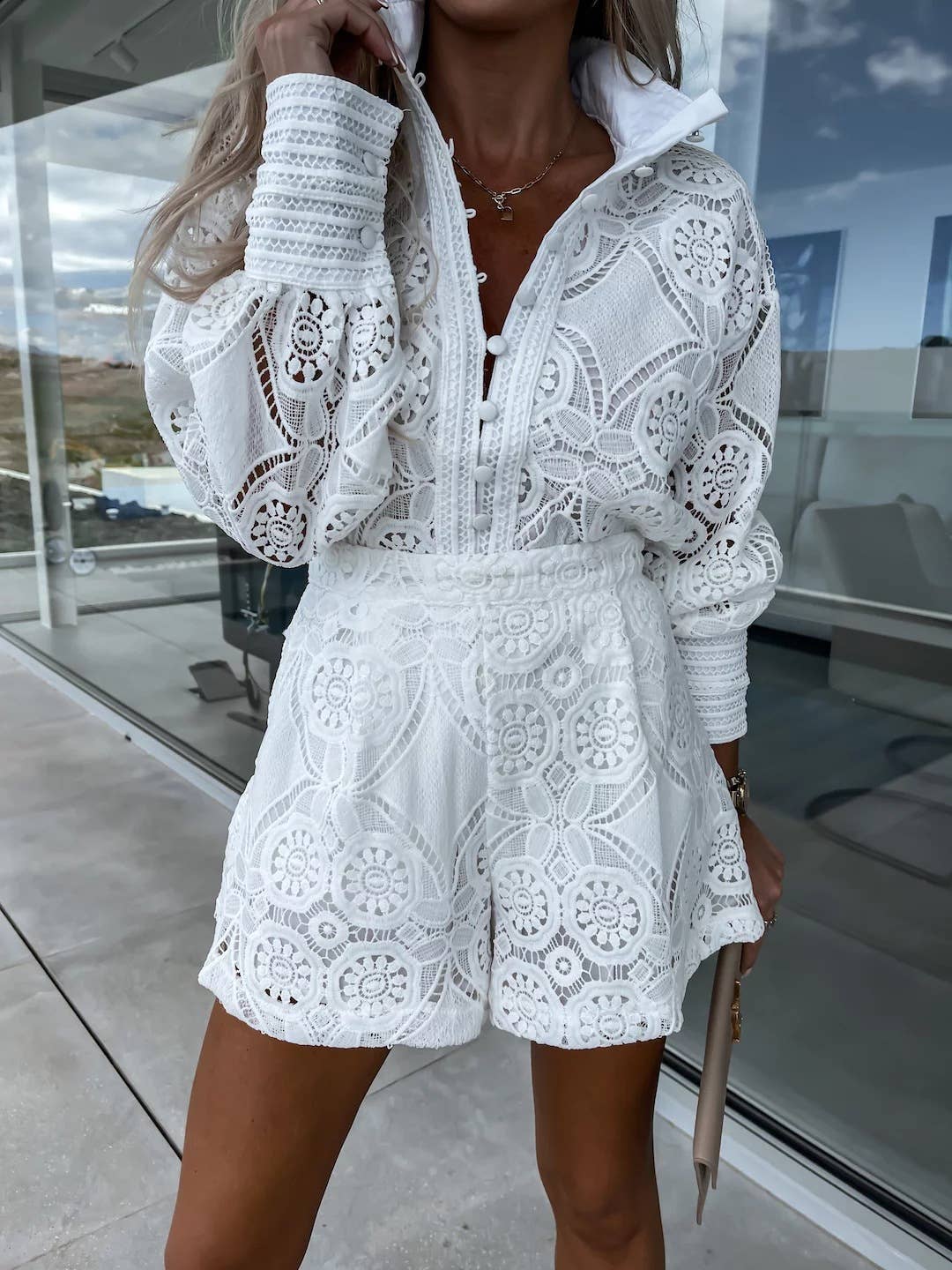 SINGLE BREASTED STAND COLLAR LACE SHORTS SUIT