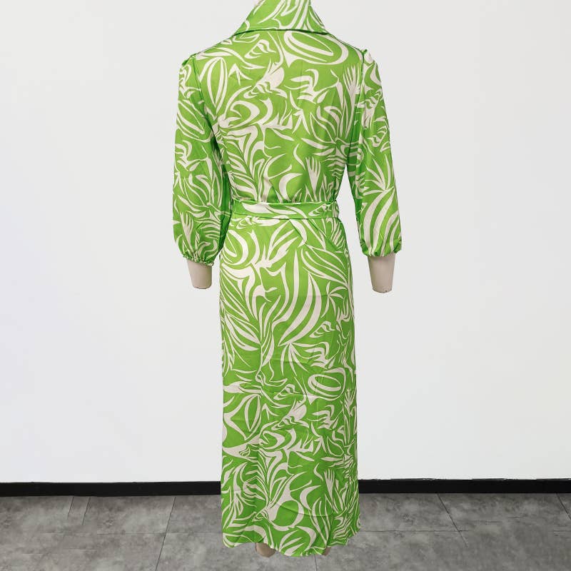 V-neck tie abstract printed long-sleeved dress