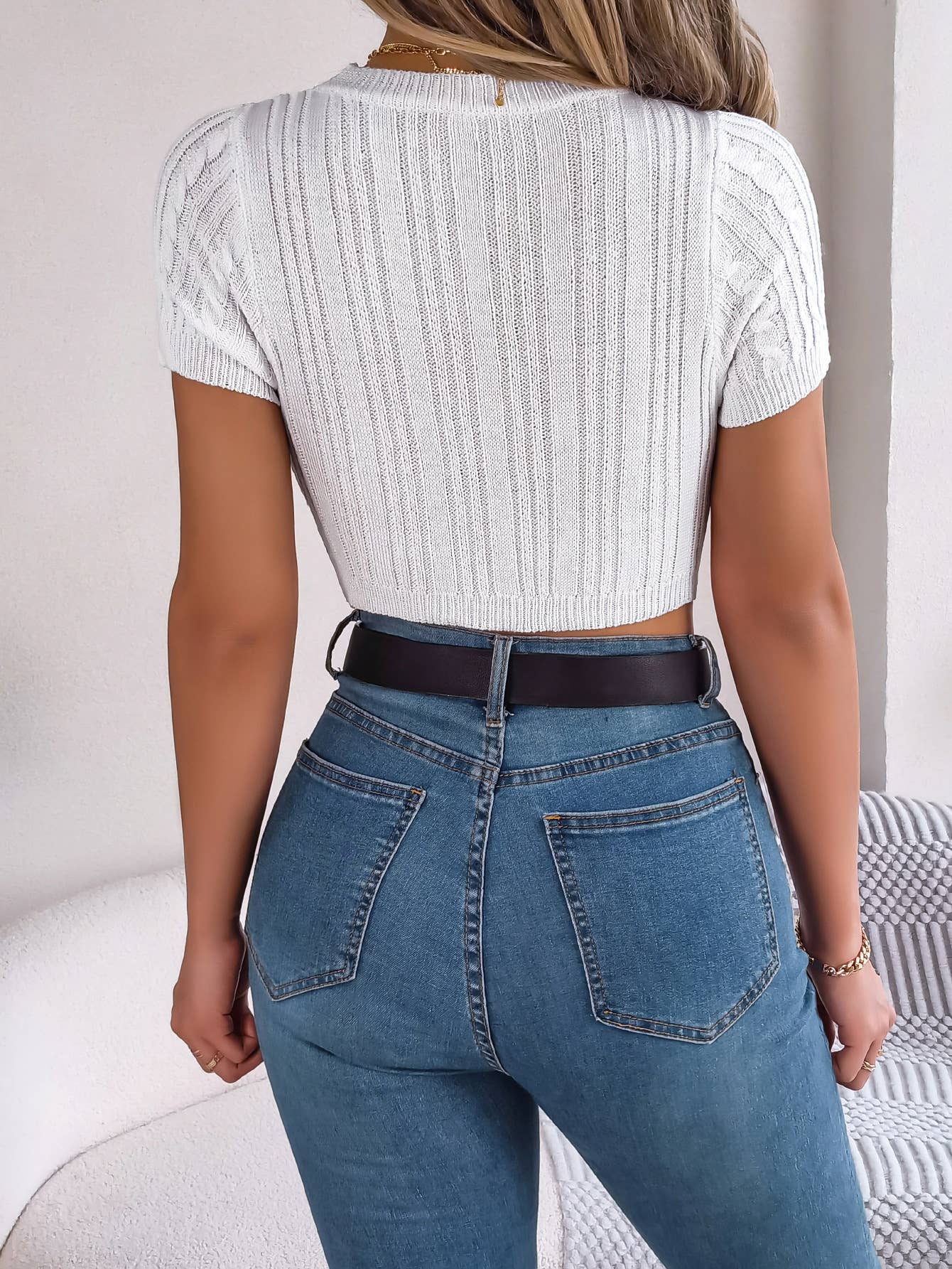 Hollowed-out braided short-sleeved knitted top