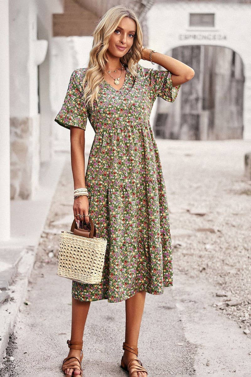 CWDMD6456_V-NECK ELEGANT HIGH WAIST CASUAL DRESS