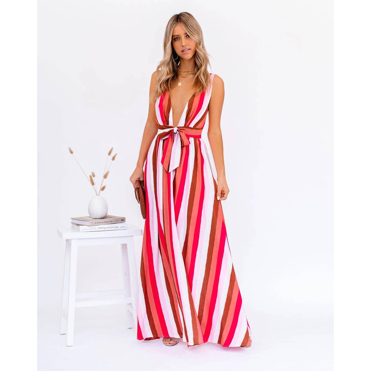 SEXY HALTER DEEP V STRIPED CASUAL DRESS