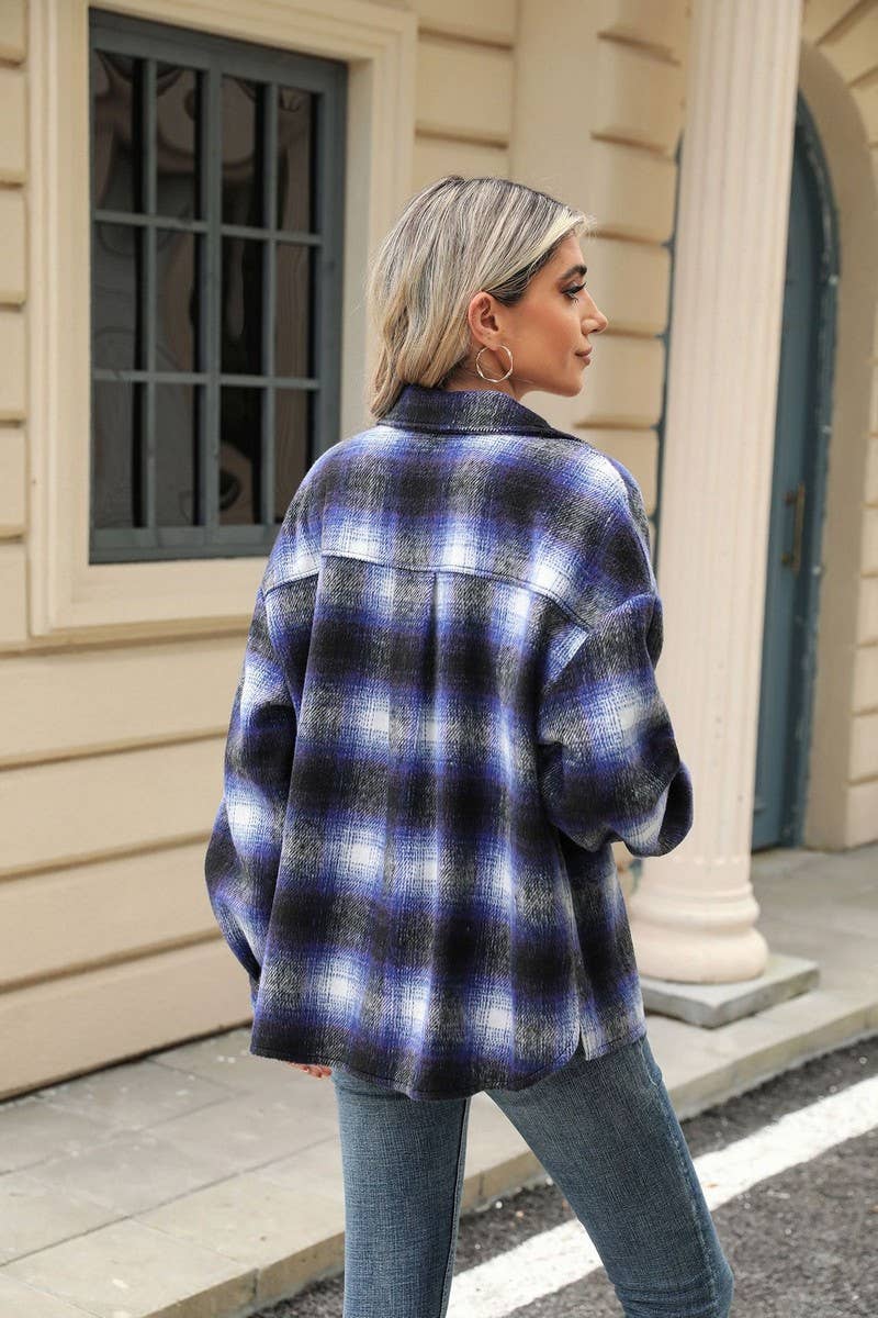 CWOCO0874_LONG SLEEVE LOOSE STRIPED PLAID CARDIGAN COAT