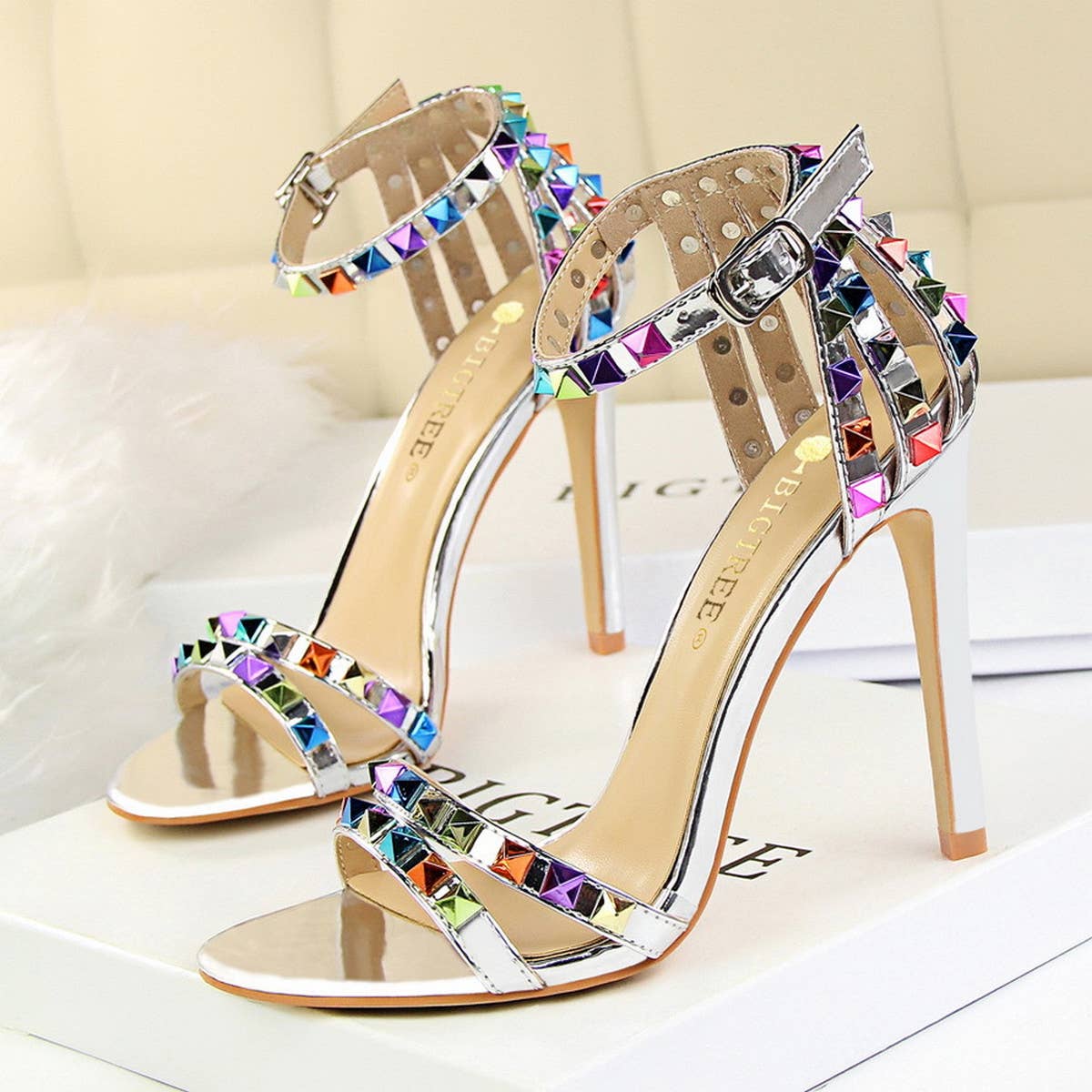 WOMEN STILETTO OPEN TOE STUDDED HIGH HEELS