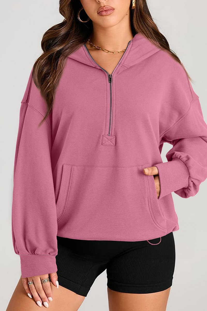 CWOHOL0935_SOLID COLOR HOODED ZIPPER POCKET SWEATSHIRT