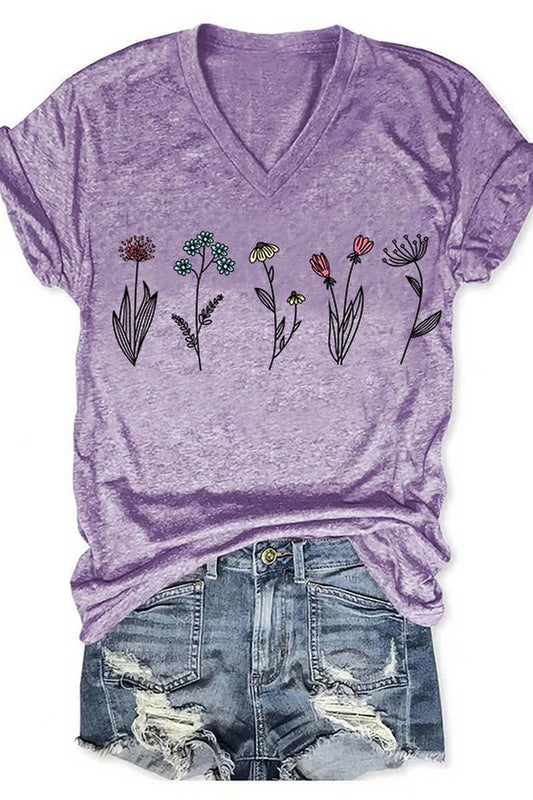 Cwtts1067_Small Flower Print V Neck Short Sleeved T Shirt
