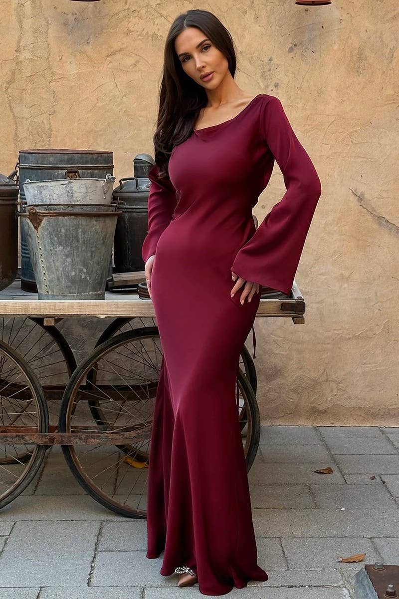 CWDMD5245_SIMPLE LONG SLEEVE FISHTAIL BODYCON DRESS