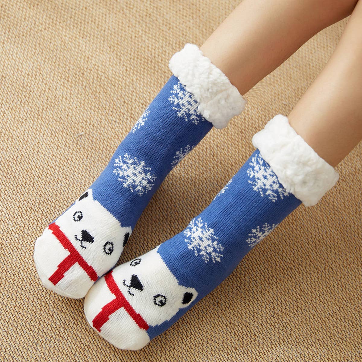 BLUE SCARF BEAR MID-TUBE PLUSH INDOOR SLIPPERS_CWMS0736