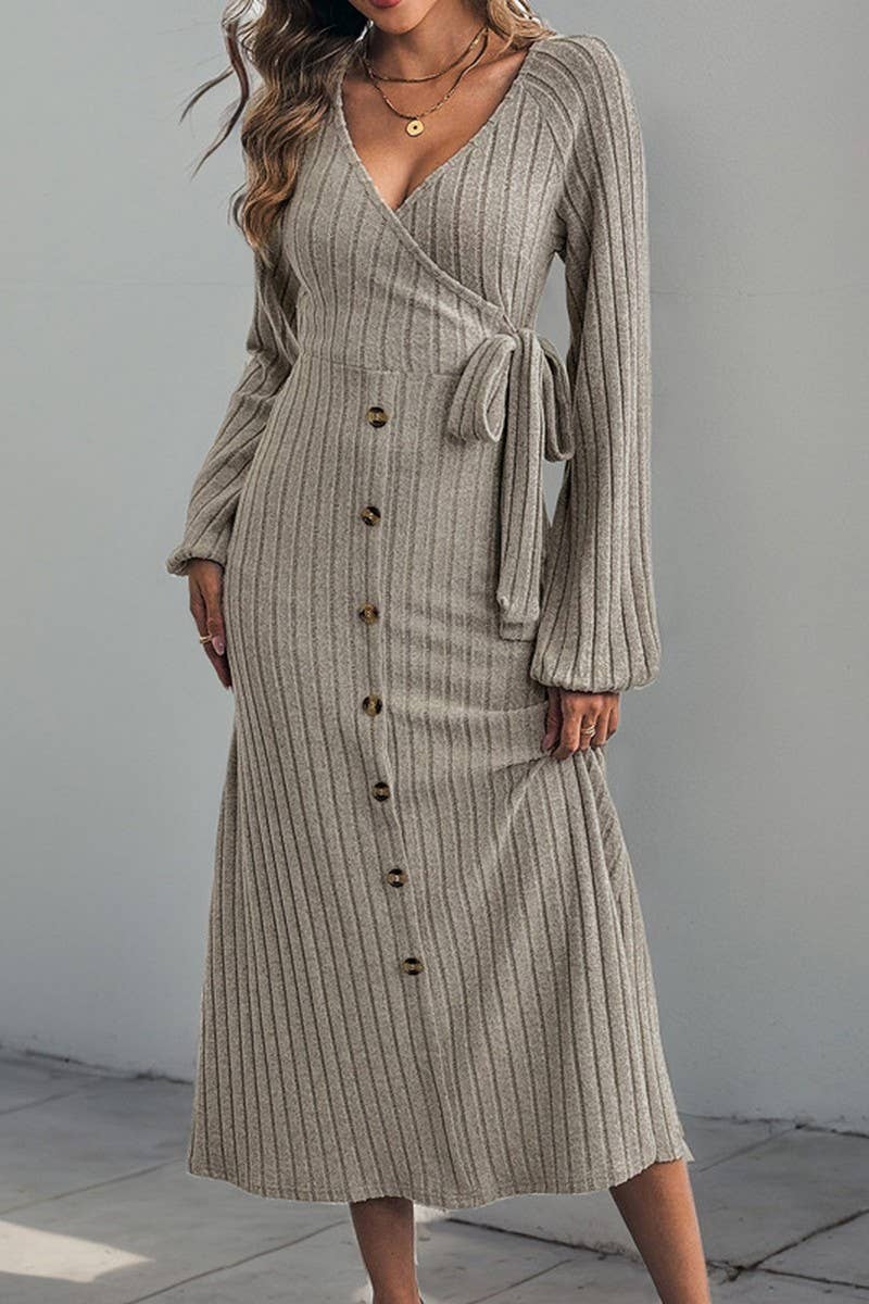 CWDMD4798_AUTUMN AND WINTER V-NECK A-LINE KNITTED MIDI DRESS