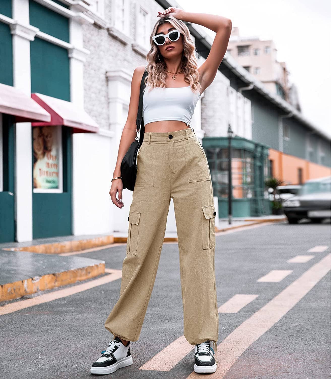High-waisted,slimming,loose wide-leg cargo pants