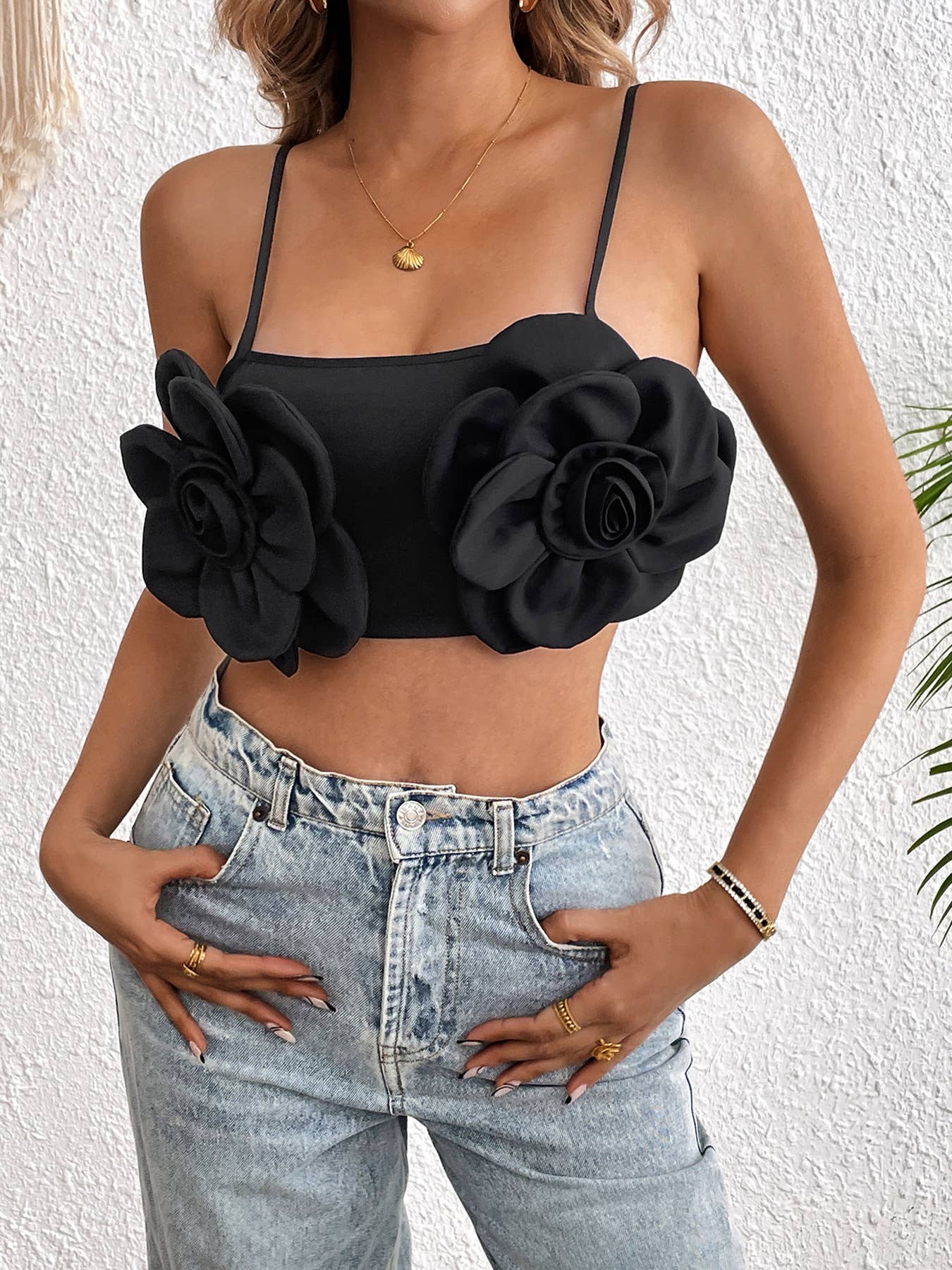 Elastic 3D roll sexy solid color camisole vest