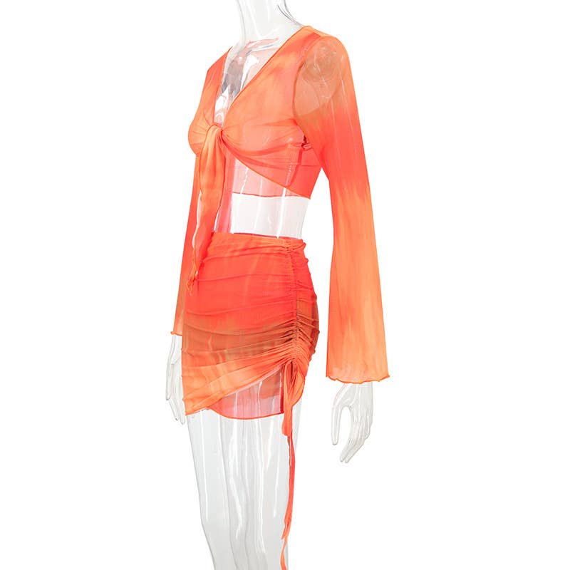 Tie-Dye Print V-Neck Mesh Long Sleeve Skirt Set