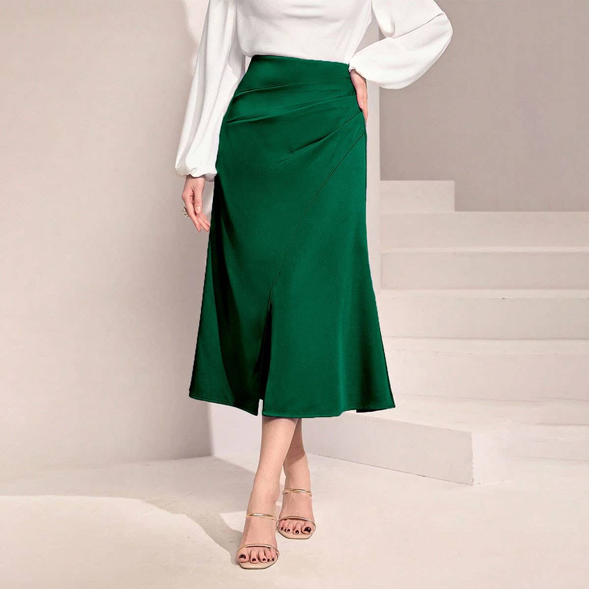 HIGH WAIST SATIN PLEATED SLIT MAXI SKIRT