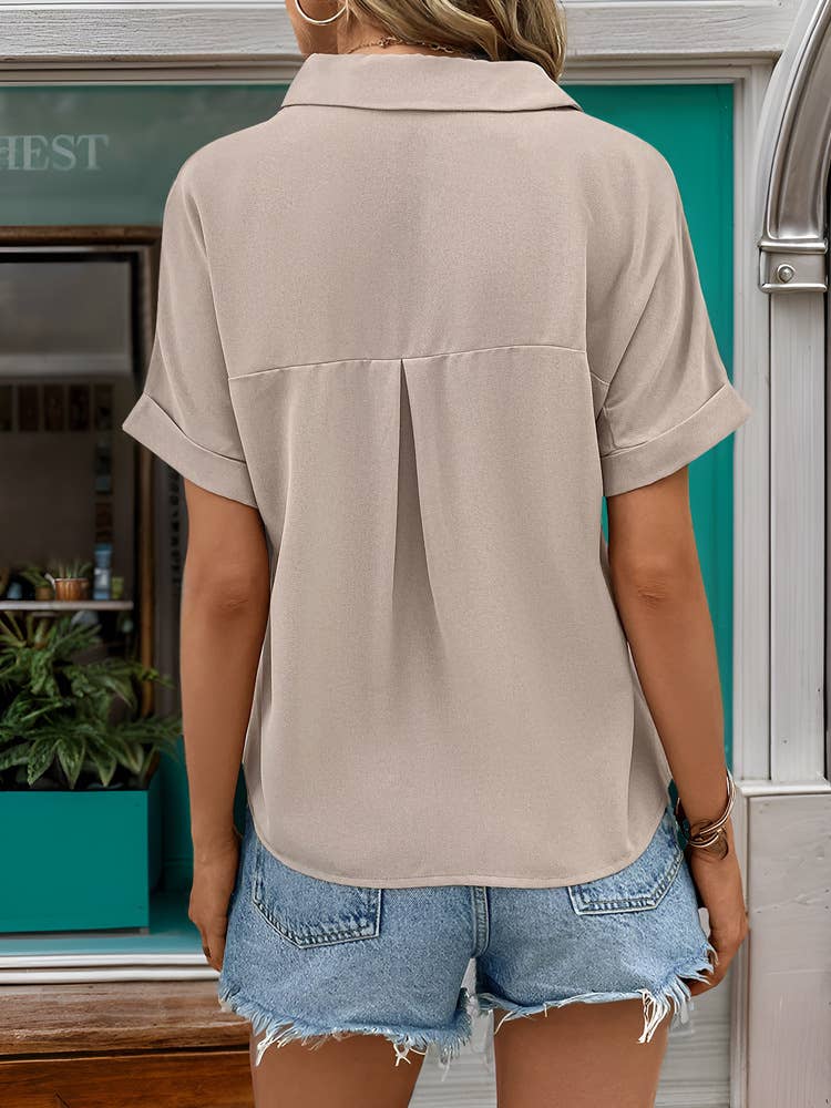 Solid V-Neck Button-Up Shirt with Pockets