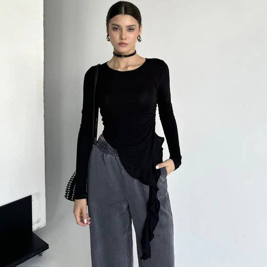 SOLID COLOR ROUND TIE RUFFLED LONG SLEEVE T-SHIRT