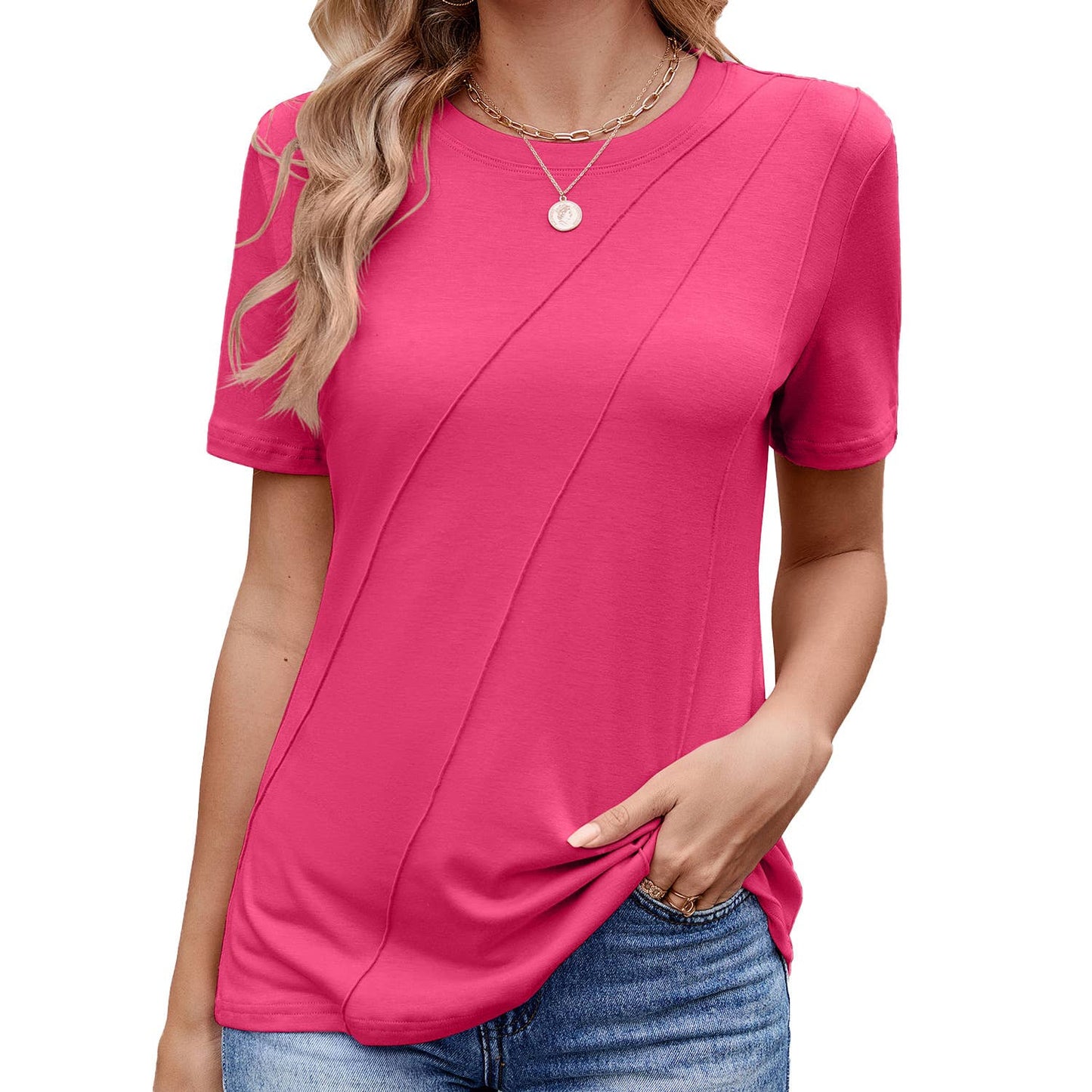 Solid color baggy crew neck short-sleeved T-shirt