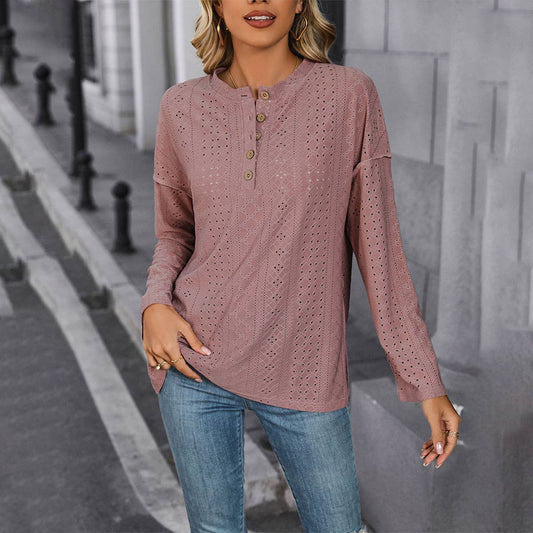 LONG SLEEVE SOLID COLOR KNITTED JACQUARD TOP