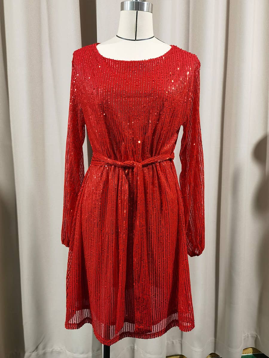 Sequined and beaded short waist-cinching dress