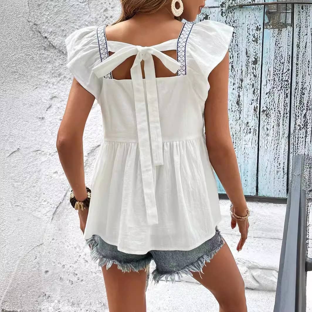 LACE-UP SQUARE COLLAR FLY-SLEEVE RUFFLED BLOUSE