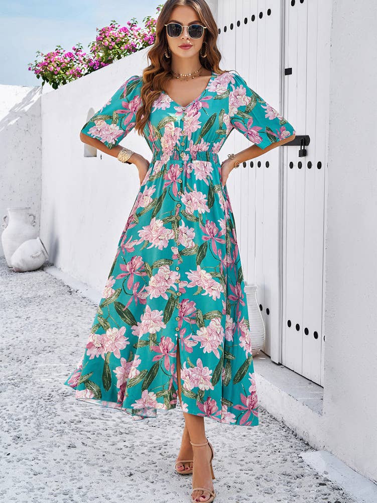 HOLIDAY STYLE CASUAL PRINT SLIT V-NECK DRESS
