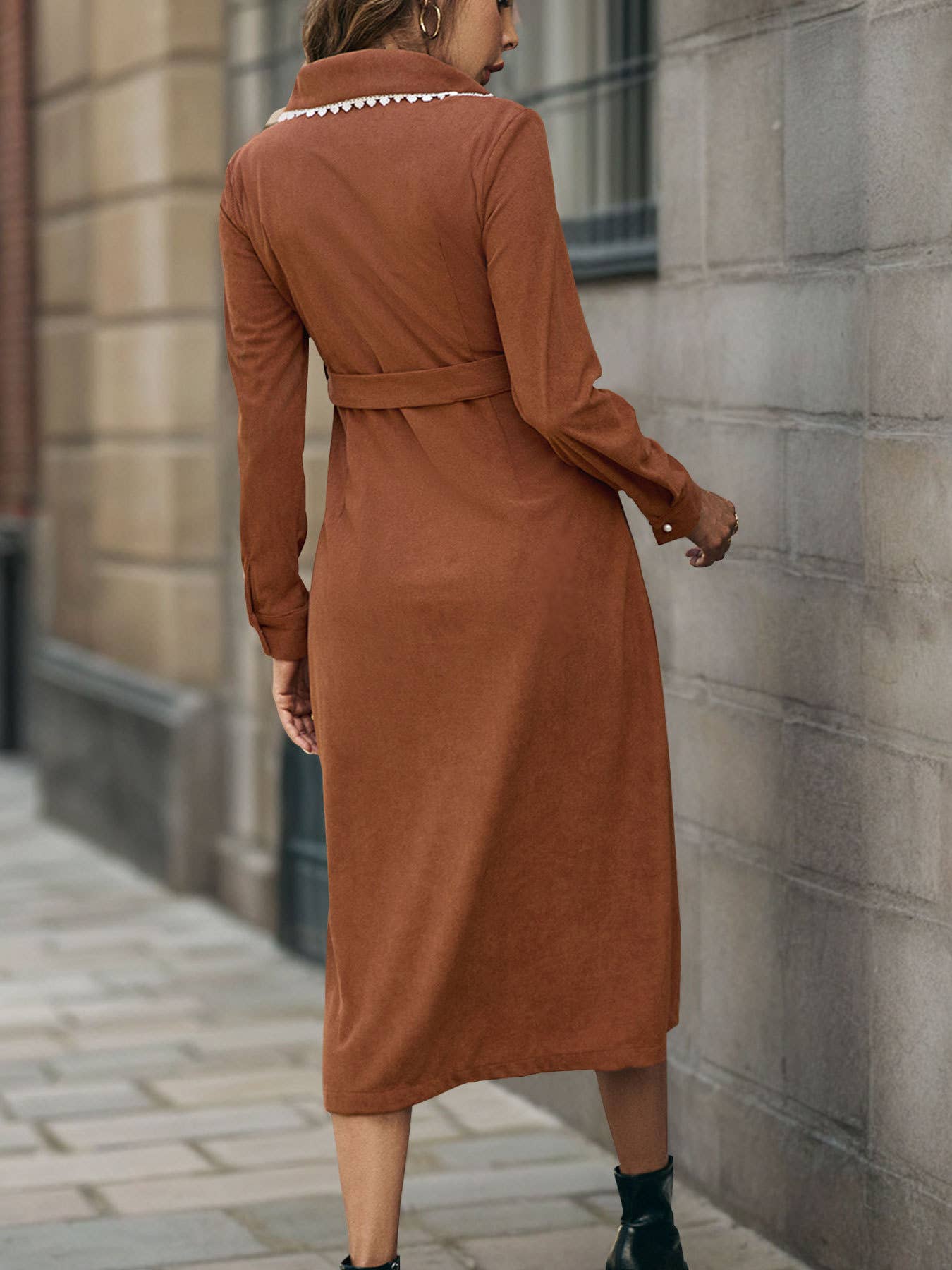 Lapel and lace corduroy shirt dress